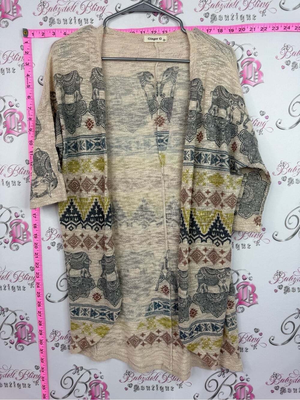 Ginger G cardigan Cream Open-Front Cardigan with Navy, Mustard & Rust Accents